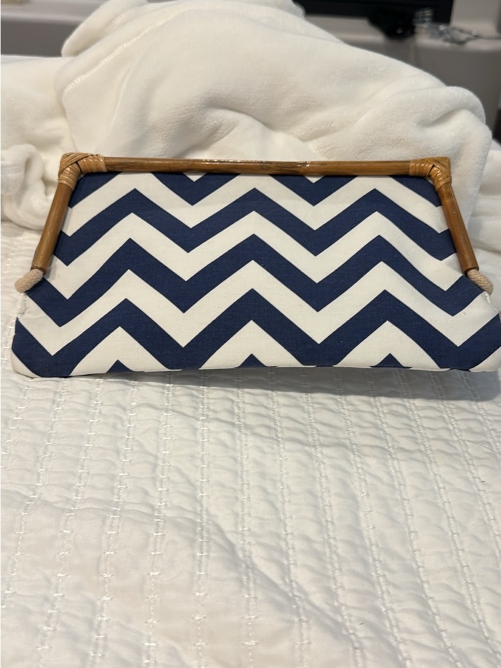Navy and White Chevron Bamboo-Handle Clutch